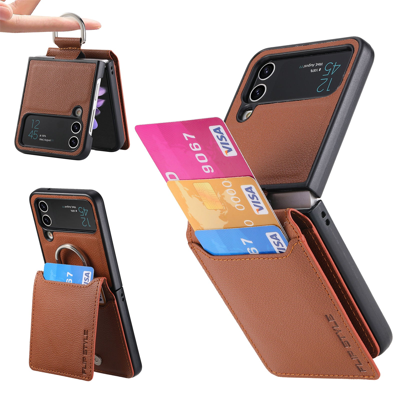 For Samsung Galaxy Z Flip4 5G Card Holder Kickstand Case PU Leather Coated PC Phone Cover with Built-in Metal Sheet For Samsung Galaxy Z Flip4 5G Card Holder Kickstand Case PU Leather Coated PC Phone Cover with Built-in Metal Sheet